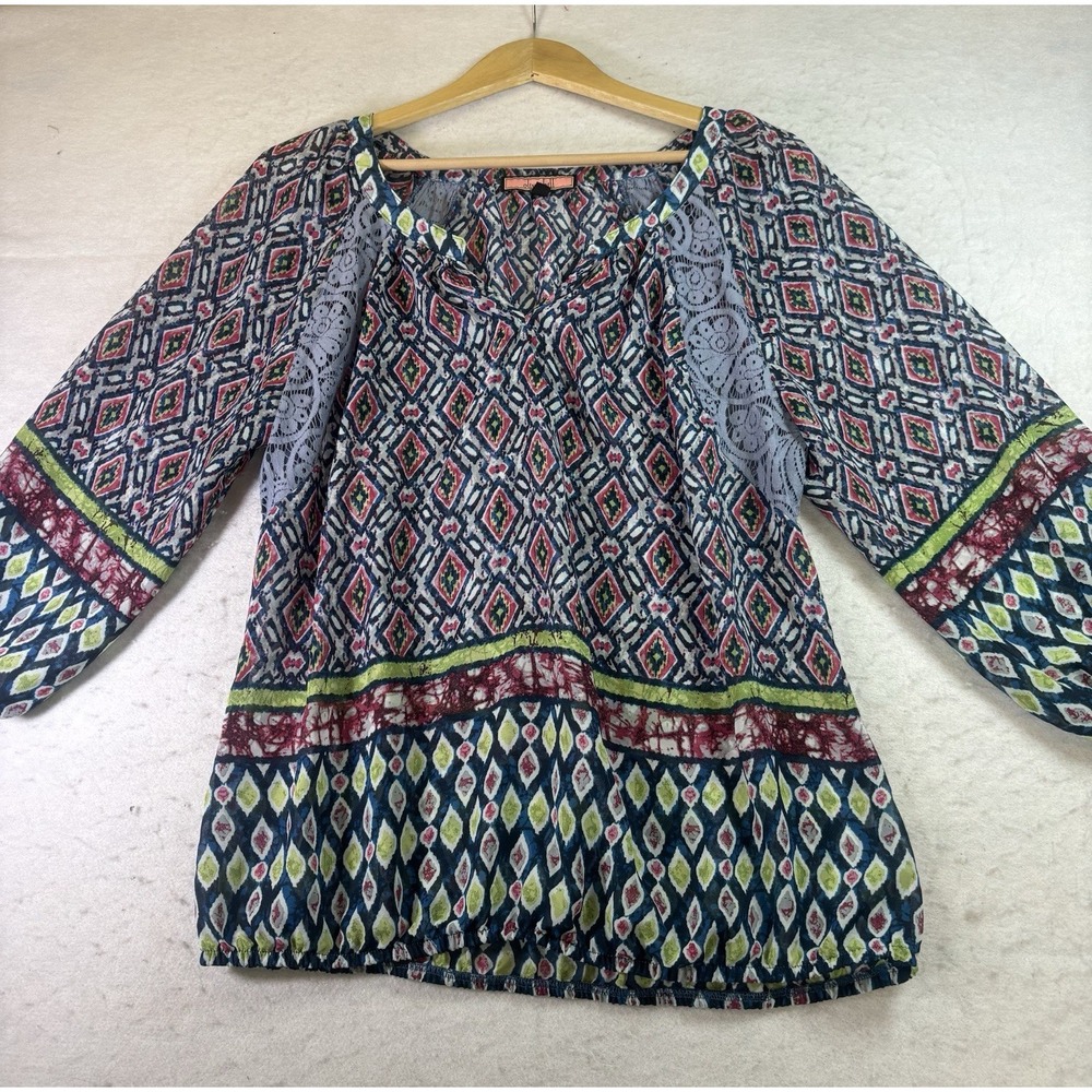 Olive Hill Women's Floral Boho Peasant Top Sz L 3/4 Sleeve W/Lace Insert
